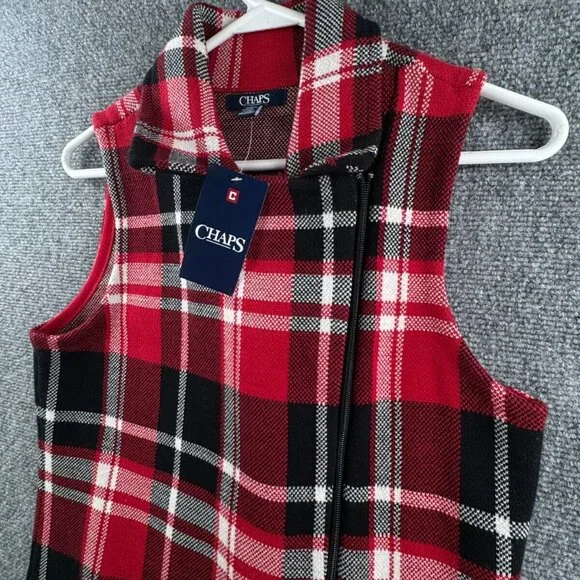 NWT Chaps Women’s Red Plaid Small Vest Zip Up Knit Heavy Warm Winter Sleeveless - Picture 9 of 11